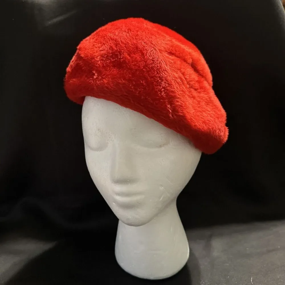 Vintage Duchess Red Faux Fur Ladies Beret Style‎ Hat Italy Peggy Worcester,Mass